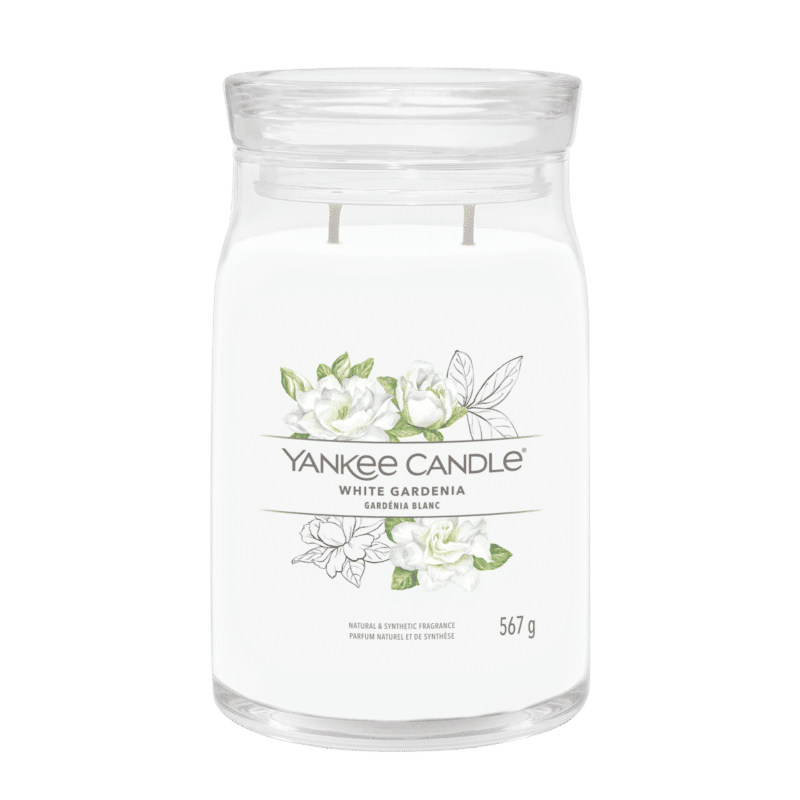 Yankee Candle White Gardenia, 567g i glasburk med blommig etikett.
