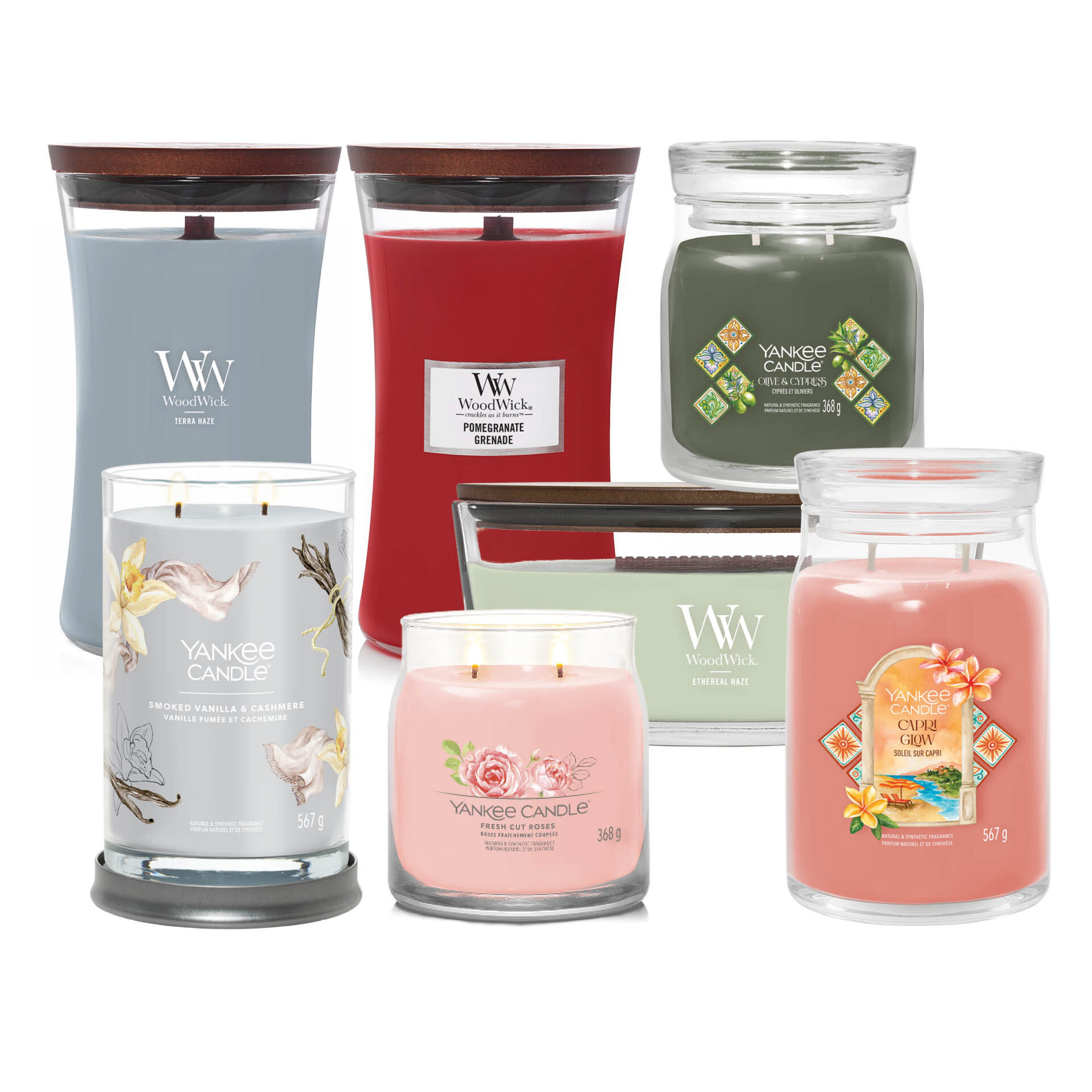 Flera doftljus från WoodWick och Yankee Candle i olika färger och storlekar.