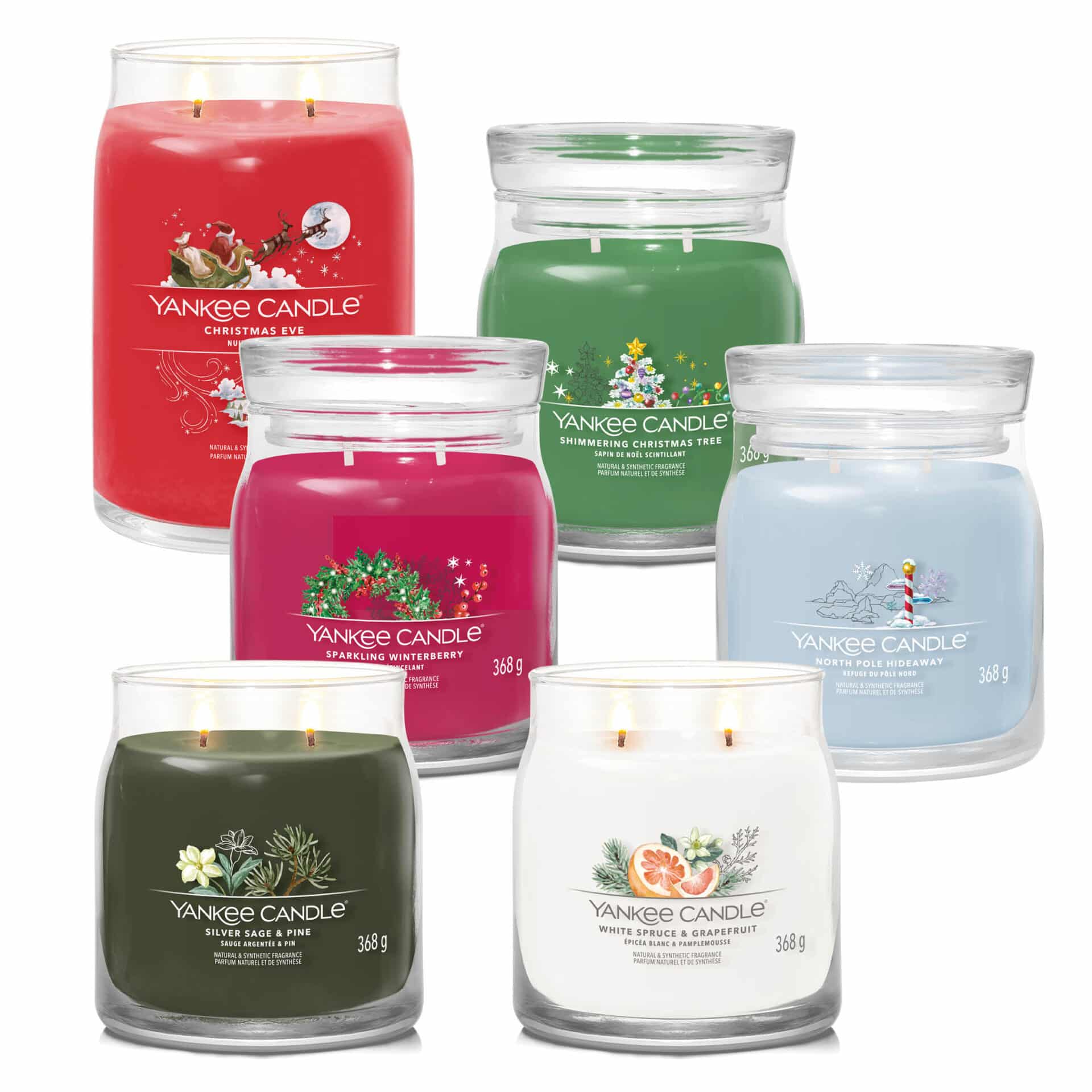 Samlingsbild av Yankee Candle i olika dofter och färger för jul och vinter.