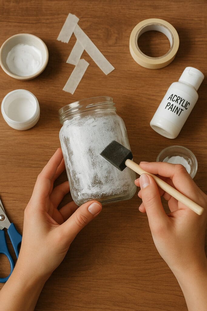 Måla en glasburk med vit akrylfärg och pensel för DIY-projekt.