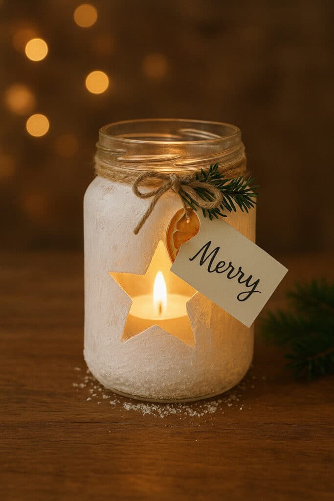 Juldekoration med ljus i glasburk och text Merry.