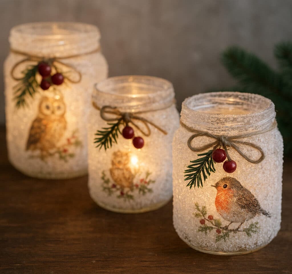 Snöiga ljuslyktor med julmotiv: uggla och rödhake, dekorerade med bär och grankvistar.