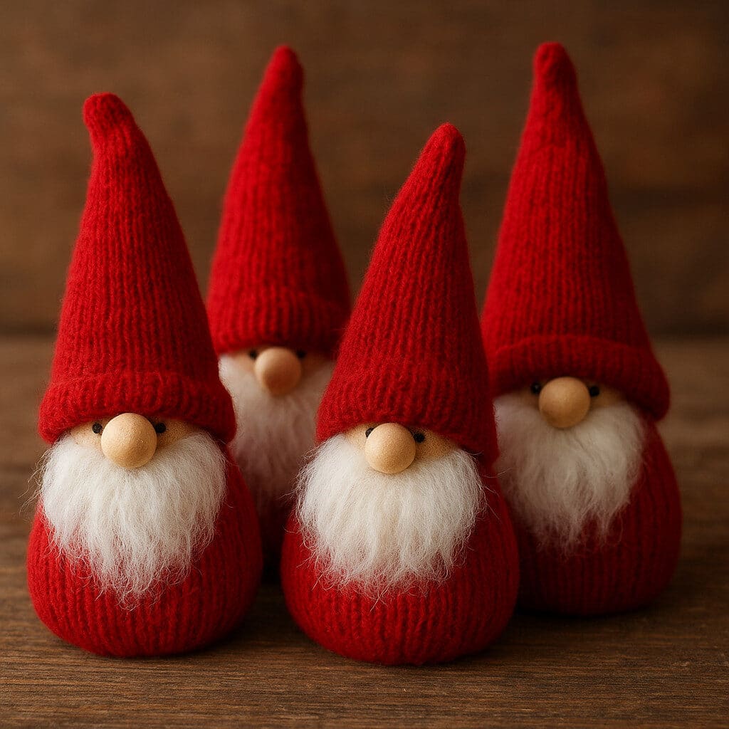 Fyra tomtar i röda stickade luvor med skägg på träbakgrund.