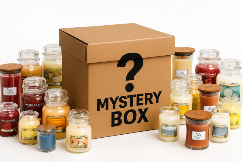 Mystery box med doftljus i olika färger och storlekar på vit bakgrund.