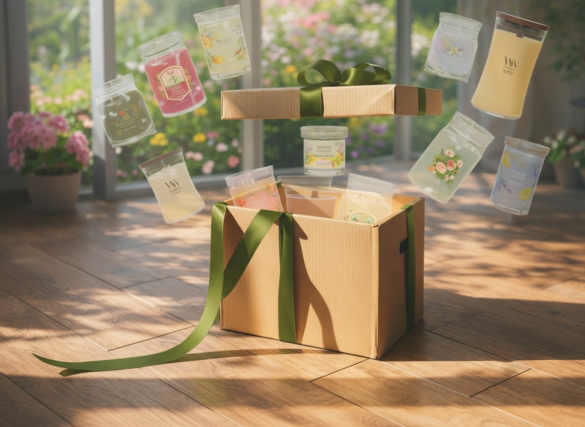 Presentlåda med doftljus i ett solbelyst rum.